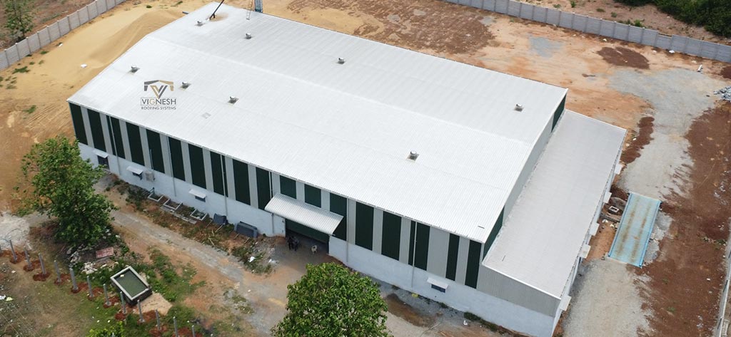 Industrial shed fabrication by Vignesh Roofing Systems - durable pre-engineered steel structures for factories and warehouses